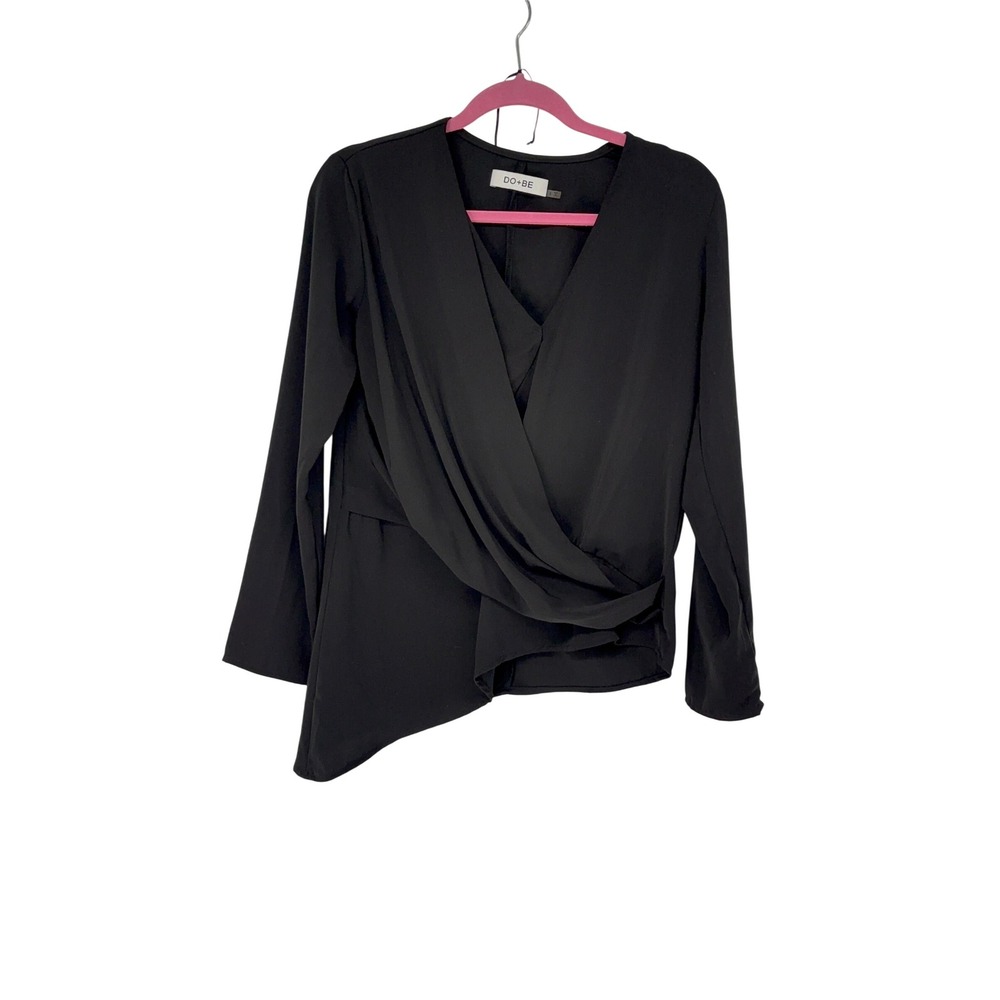 DO+BE Women's Black Long Sleeve Wrap Blouse Asymmetrical Hem‎ Modern Top